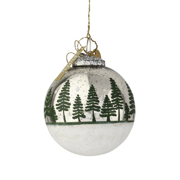Walther und Co handbemalte Christbaumkugel antik silber mit Tannenbäume mittel