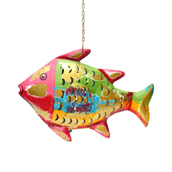 Metall Fisch Laterne M bunt-gold