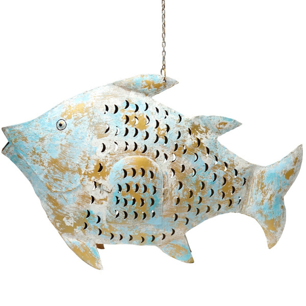 Metall Windlicht Fisch Laterne weiß-gold