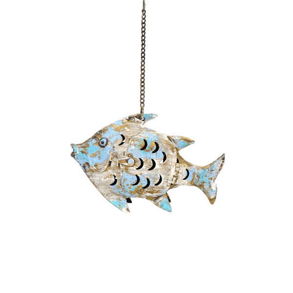 Metall Fisch Laterne klein weiss gold blau