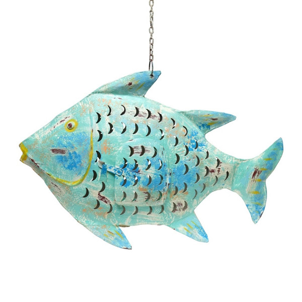 Metall Fisch Laterne groß türkis mit gelb