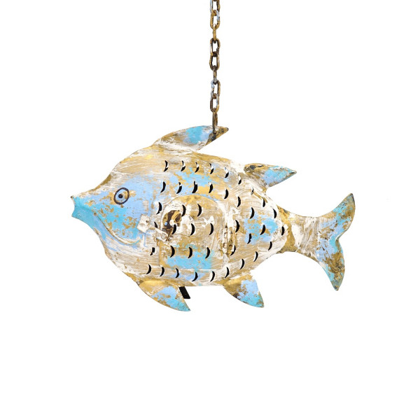 Metall Fisch Laterne weiss-gold mit blau