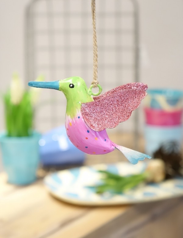 Metall Kolibri klein grün-rosa mit Glitzer 