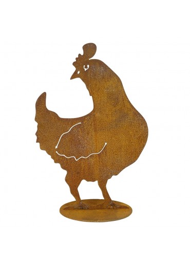 Edelrost Huhn "Henriette" seitlich groß auf Platte H40 cm