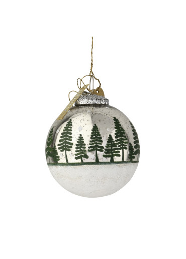 Walther und Co handbemalte Christbaumkugel antik silber mit Tannenbäume mittel