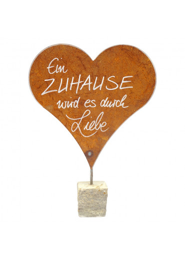 Edelrost Herz XL mit Spruch auf Stein H 47 cm | Ein Zuhause wird es durch Liebe