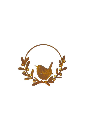 Edelrost Vogel im Mistelring mit Goldbeeren klein zum Hängen Ø19 cm