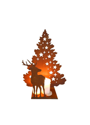 Edelrost Hirsch vor Sternenbaum auf Platte mittel (Höhe 34 cm)