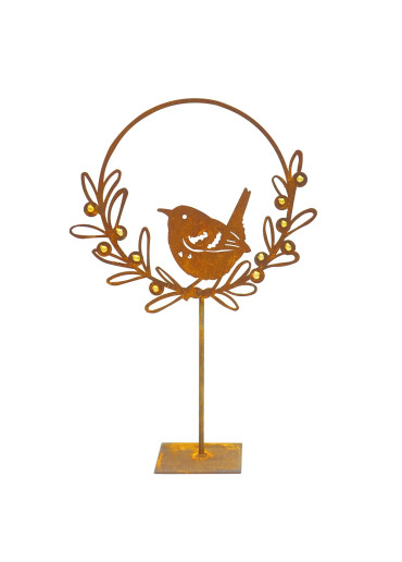 Edelrost Vogel im Mistelring mit Goldbeeren mittel auf Ständer H42,5 cm