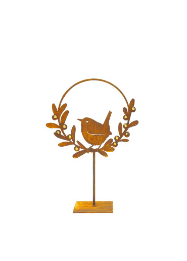 Edelrost Vogel im Mistelring mit Goldbeeren klein auf Ständer H 33 cm