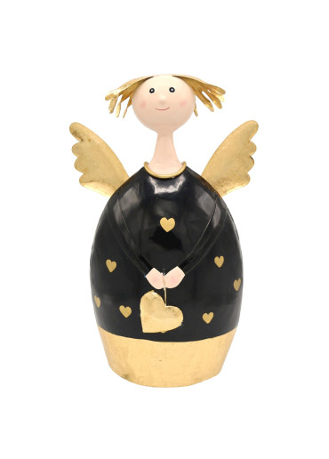 II. Wahl - Metall Engel Lotta XL schwarz mit goldenen Herzchen und Schlaggold H30 cm