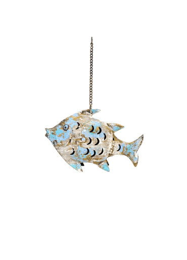 Metall Fisch Laterne XS Gold mit Himmelsblau zum Hängen und Stellen