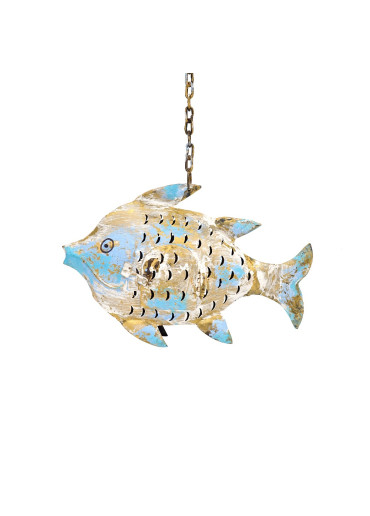 Metall Fisch Laterne S Gold mit Himmelsblau zum Hängen und Stellen
