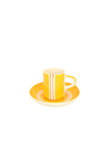 Musango Keramik Espresso-Set (Tasse + Untertasse) "Twin Stripe" Kurkuma-Gelb